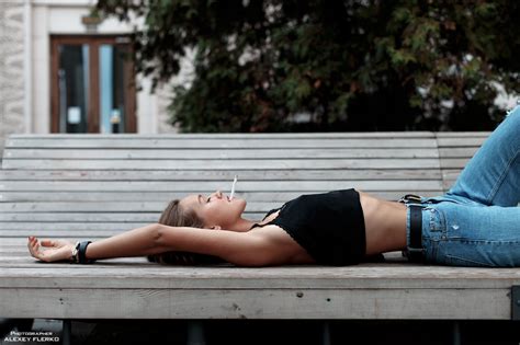 Wallpaper Model Brunette Bench Lying On Back Black Tops Belly Belt Jeans Cigarettes