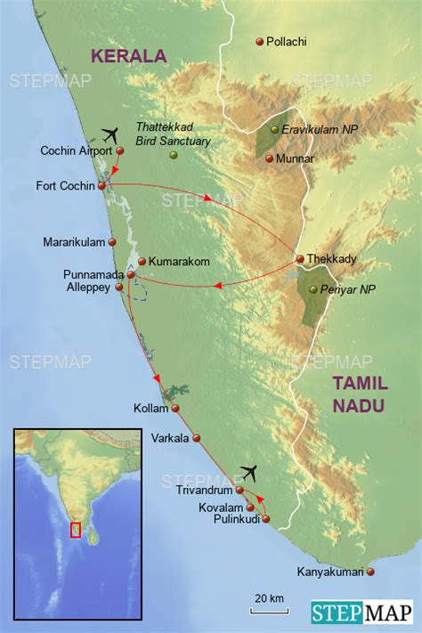 Map of kerala area hotels: StepMap - Template cental & south Kerala 2:3 - Landkarte für India