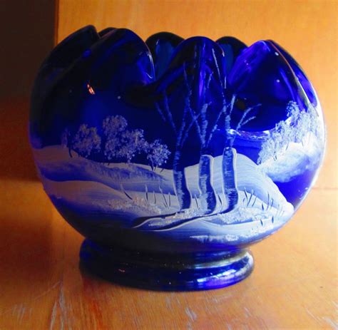 Fenton Cobalt Blue Glass Rose Bowl Hand Painted Fenton Fenton