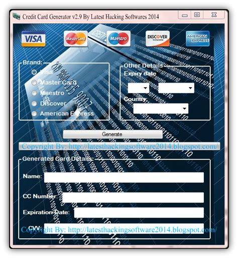 This free credit card generator can generate credit cards for 4 credit card brands, and you can also choose whether you want the holder's name and the amount generated. Credit Card Generator 2014 Without Survey Free Download ...