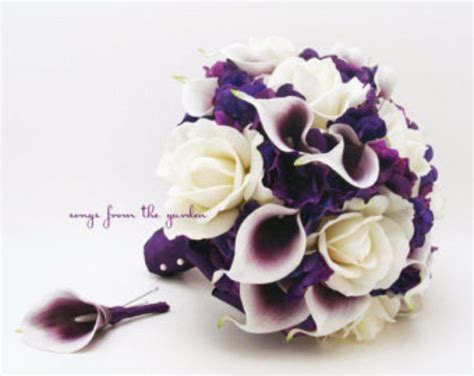 Bridal Bouquet Real Touch Picasso Callas Ivory Roses Purple Etsy
