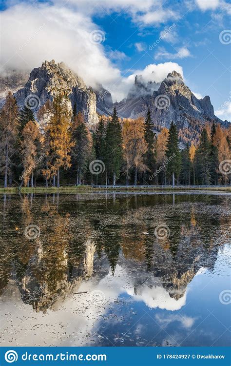 Lake Antorno In Dolomite Alps And Colorful Trees With Reflections In