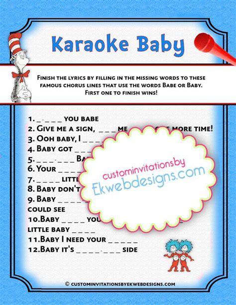 Karaoke Baby Baby Shower Game Dr Seuss Printable Fun Baby