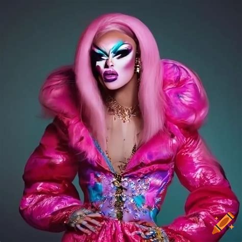 Drag Queen In Vibrant Puff Jacket Themed Outfit On Runway On Craiyon