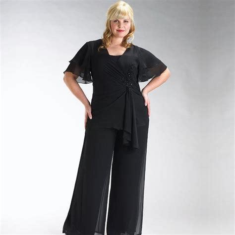 Modern Beaded Black Mother Of The Bride Trouser Suit Plus Size Chiffon