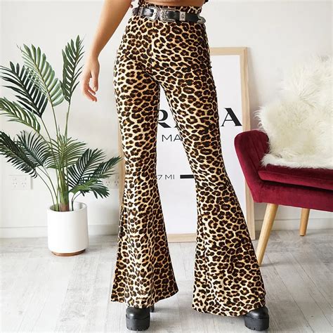 Leopard Pants Women Elastic High Waist Pants Full Length Flared