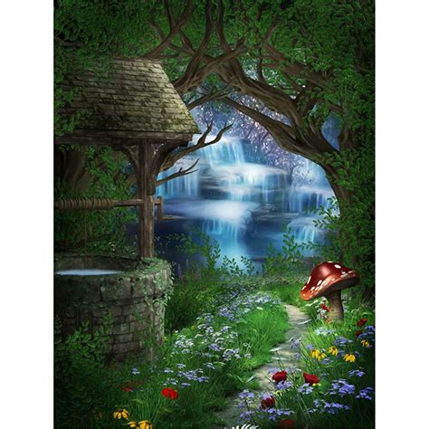 Enchanted Forest Photo Backdrop Old Brick Well Mushroom Flowers Trees