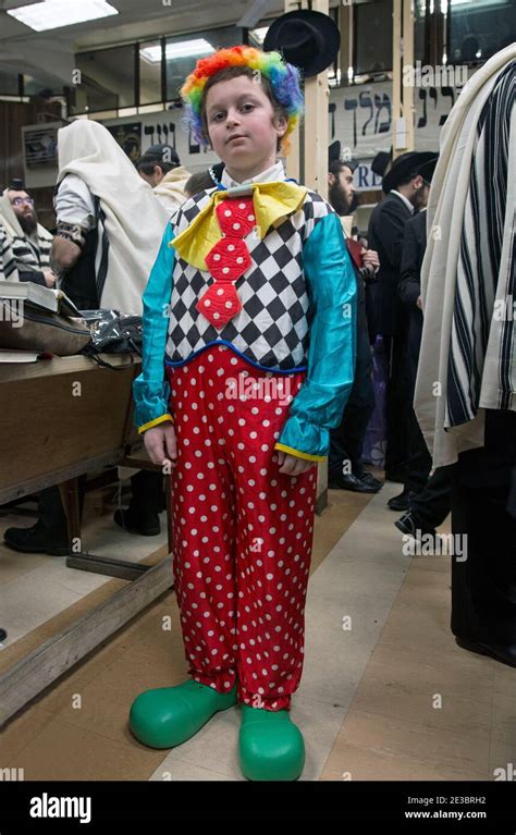 A Jewish Boy In Costume At Purim Services In A Synagogue Ion Brooklyn