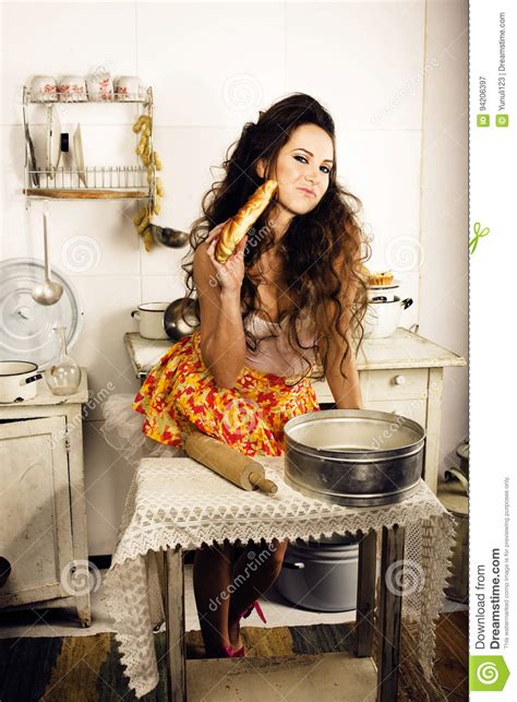 Crazy Real Woman Housewife On Kitchen Eating Perfoming Bizare Stock Image Image Of Holding