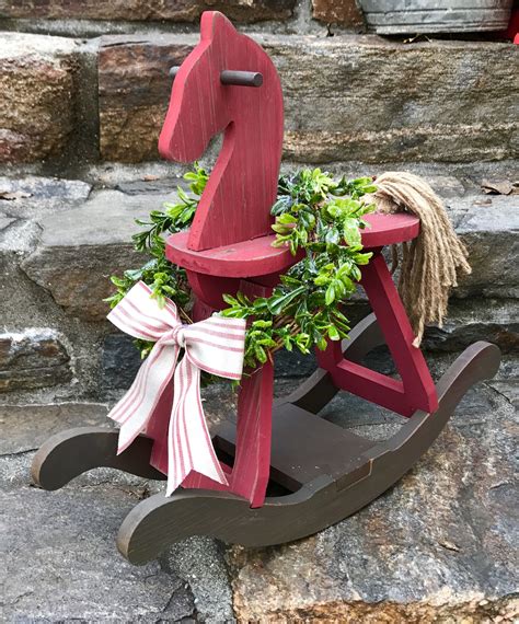 Farmhouse Christmas Decor Wooden Rocking Horse Decorated Etsy