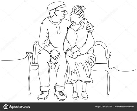Elderly Couple Sitting Bench Hugging One Line White Background Concept Stock Illustration By