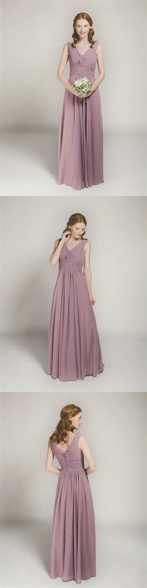 Long Chiffon Mauve V Neck Bridesmaid Dress For Purple Weddings