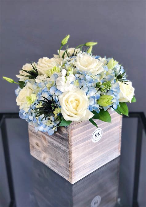 Large Wood Box Arrangement For A Table With White Roses Blue
