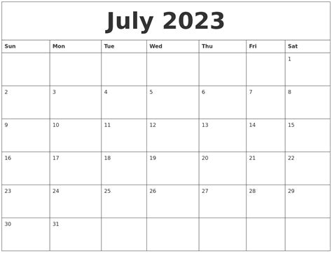July 2023 Monthly Printable Calendar