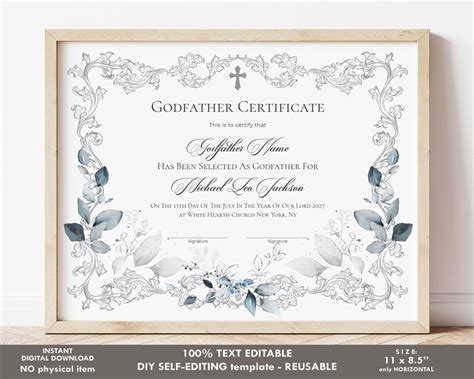 Editable Godfather Certificate Template Printable Baptism Etsy