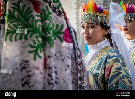 Women In Traditional Dress For Folk Dance Dancer In Rukhobod Mausoleum Samarkand Uzbekistan
