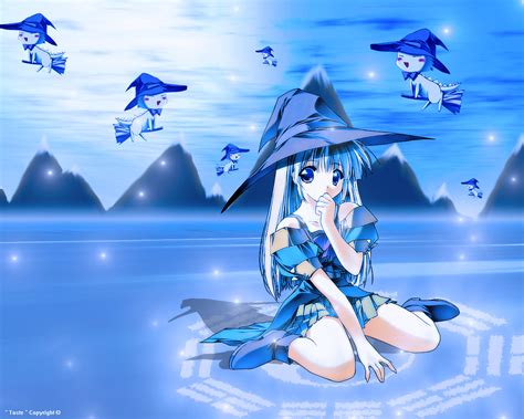 Blue Blue Eyes Blue Hair Clouds Hat Long Hair Sky Witch Anime