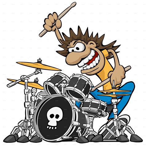 Wild Drummer Playing Drum Set Cartoon Vector Illustration Drums Cartoon Drums Art Drums