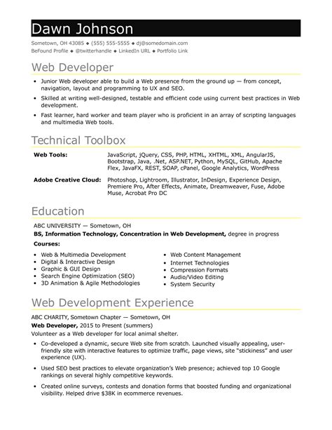 Sample Resume Of Front End Developer For Freshers Front End Web