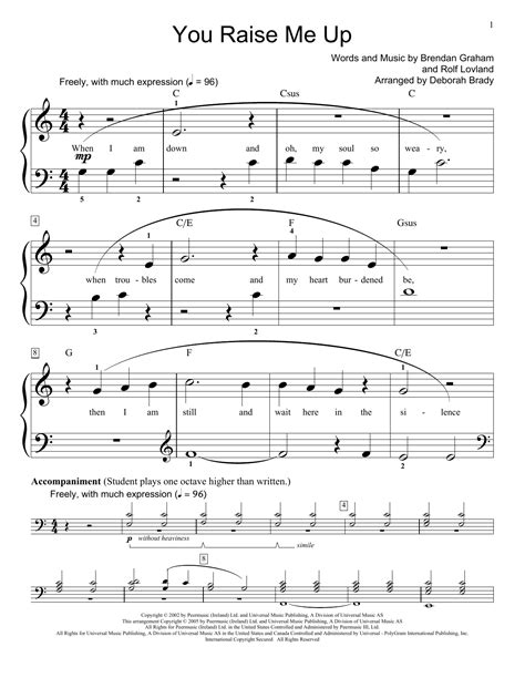 You Raise Me Up Sheet Music By Josh Groban Easy Piano 52079