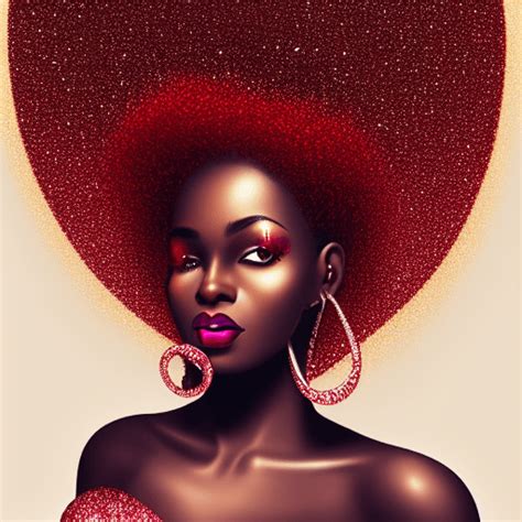 Melanin Dark Skinned Woman Big Curls Hyperrealistic Red Luxury Glitter Cinematic Bubbles Ornate