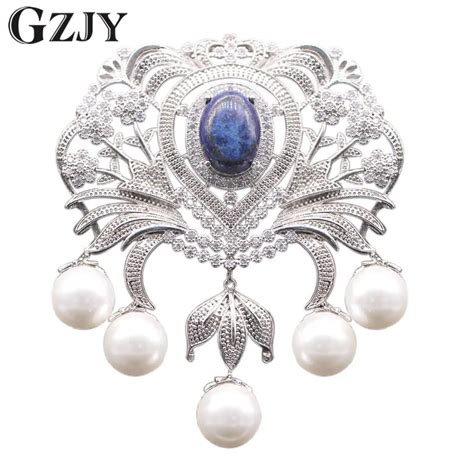 Gzjy Vintage Hollow Out Flowerl Pearlandlapis Lazuli Aaa Cubic Zircon Gold Color Brooch Pin