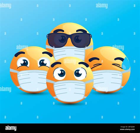 Set Of Emoji Wearing Medical Mask Yellow Faces With White Surgical