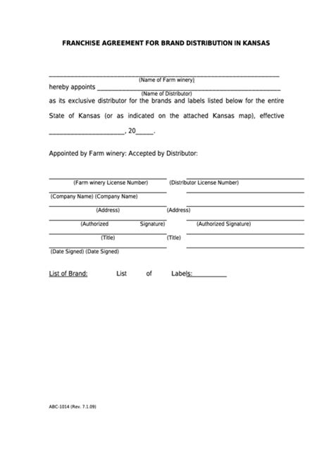 Form Abc 1014 Franchise Agreement For Brand Distribution In Kansas