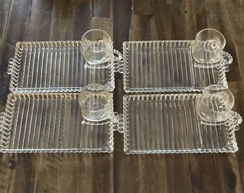 Vintage Hazel Atlas Clear Glass Snack Sip And Smoke Tray Cup Sets