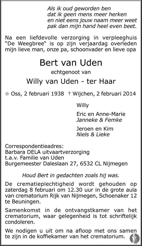 Bert Van Uden 02 02 2014 Overlijdensbericht En Condoleances Mensenlinqnl