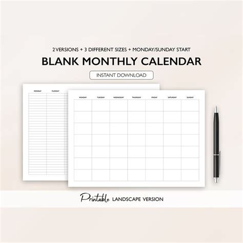 Blank Monthly Calendar Printable Landscape Minimalist Calendar