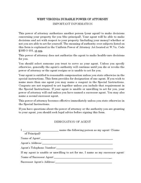 What is a power of attorney form? West Virginia Durable Power of Attorney Form - Fillable PDF - Free Printable Legal Forms
