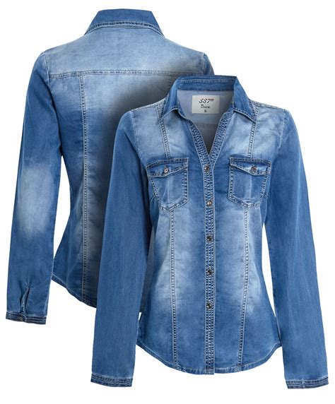 Womens Denim Shirt Top Ladies Fitted Stonewash Blue Shirts Size 8 10 12