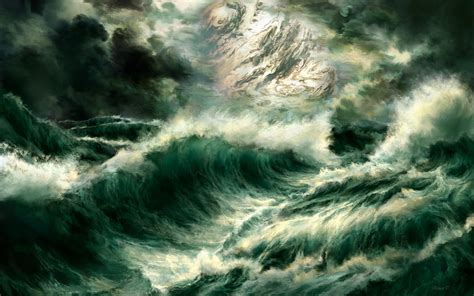 Art Paintings Ocean Sea Seascape Storm Waves Spray Drops Moon Clouds