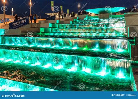 Illuminated Waterfall Fountain Cascade By Olympic Park Enchants With
