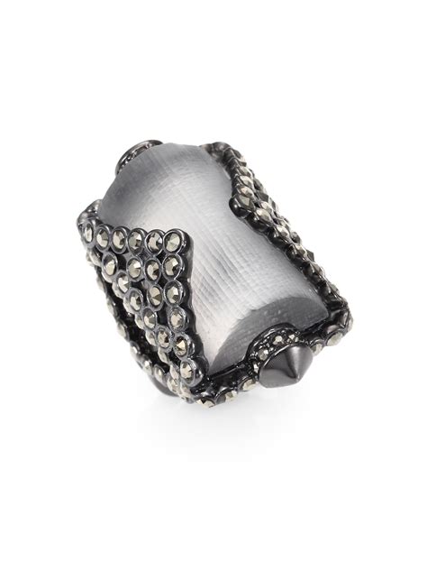 Alexis Bittar Sante Fe Deco Lucite And Marcasite Ring In Silver Grey