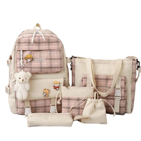 buy aobiono5pcs kawaii plaid backpack set aesthetic preppy cute check with pins bear pendant