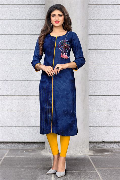 blue colored beautiful embroidered straight rayon kurti kurti sleeves design clothes for