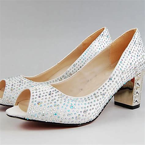peep toe white satin bridal wedding shoes rhinestone chunky heel comfortable women dress shoes