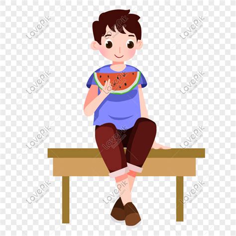 Gambar Bocah Kartun Duduk Di Kursi Makan Semangka Png Unduh Gratis