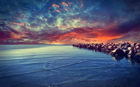 Nature Landscape Coast Sea Sunset Rock Colorful Wallpapers Hd