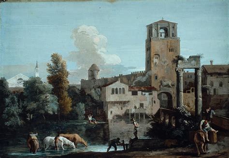 Capriccio With Horses Watering In A River Outside A Walled Town