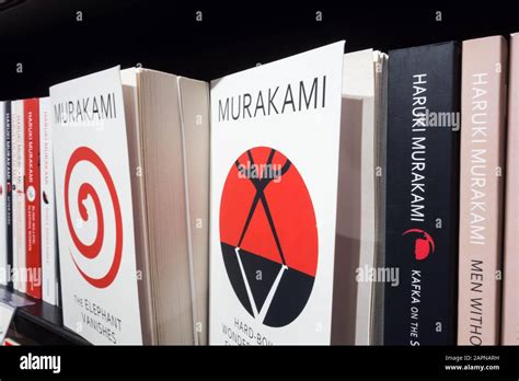 Closeup Of Haruki Murakami Paperback Book Covers And Book Spines Stock