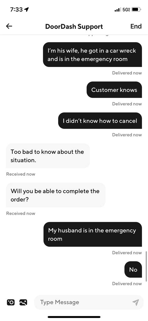 my husband got in a wreck while dashing and i tried cancelling his order for him at the hospital