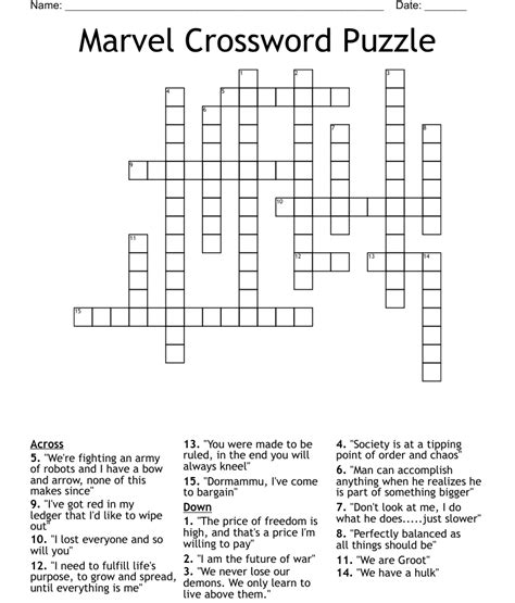 Marvel Crossword Puzzle Wordmint