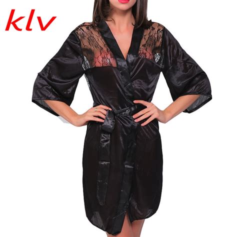 Klv Women Sexy Perspective Lingerie Satin Lace Black Kimono Intimate Sleepwear Robe Sexy Night