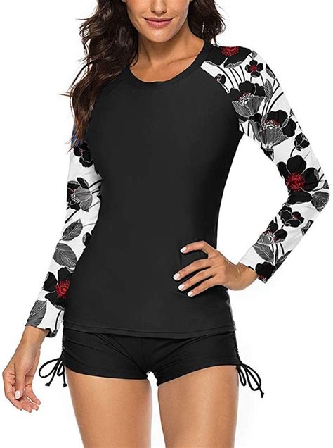 Wolddress Womens Long Sleeve Rashguard Swimsuit Sport Swimwear Tankini Set Black White Sleeve S