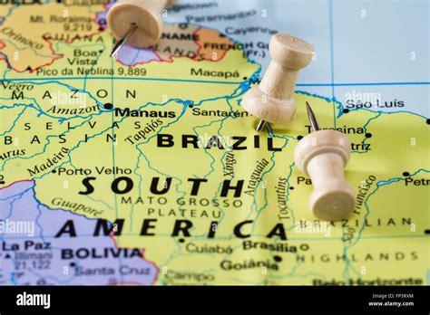 Push Pin On A World Map Marking Brazil As A Destination Concept Stock