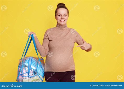 Happy Pregnant Woman Pointing At Her Stomach Smiling Expectant Mother Being Ready Going To