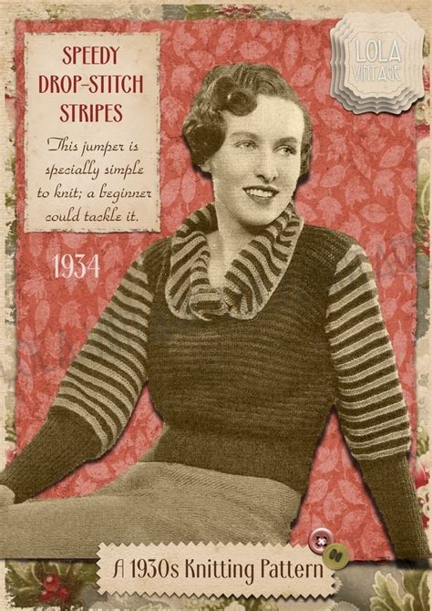 1930s Vintage Ladys Knitting Pattern Beginners Easy Stripes Jumper